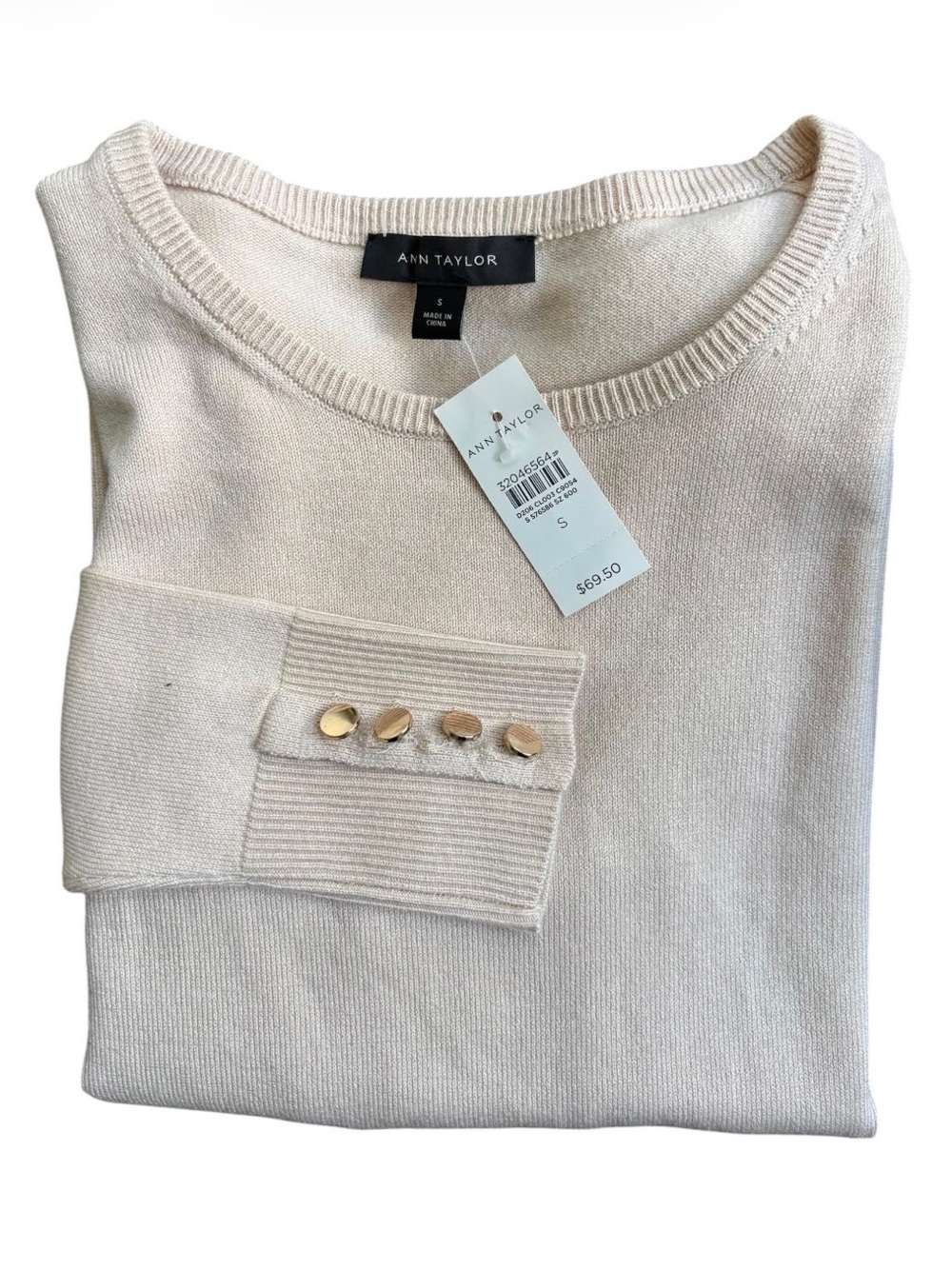 Ann Taylor Womens S Cream Crewneck Sweater Gold Button Cuff Lightweight Knit NWT